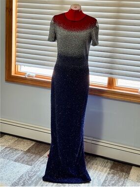 Pamella Roland Silver & Navy Sparkle Ombre Maxi Dress